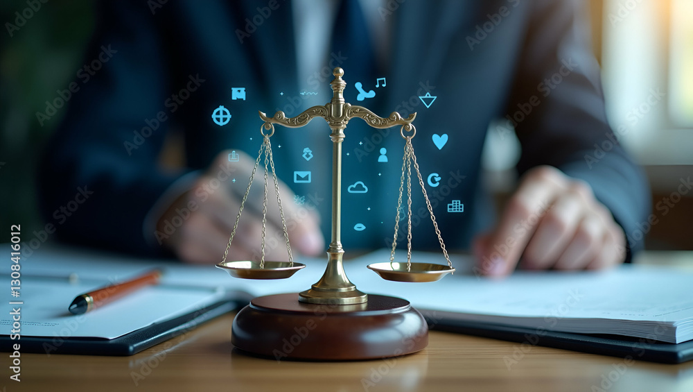 Aufkleber flat holographic scales of justice and regulatory icons floating above a desk concept as holographic