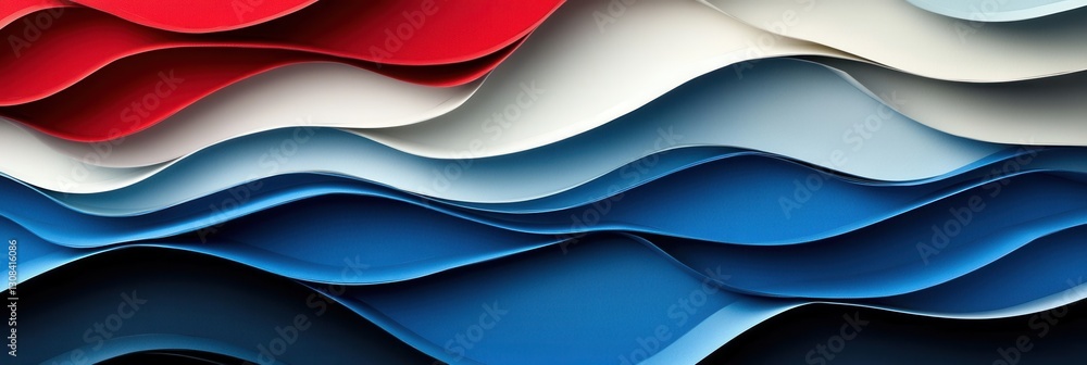 Poster Dynamic layered paper art in red, blue, and white creating a sense of movement and national pride through abstract design Generative AI