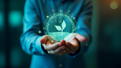 A Holographic Display Showcasing Eco-Friendly Business Initiatives & Sustainability Metrics for Green Businesses