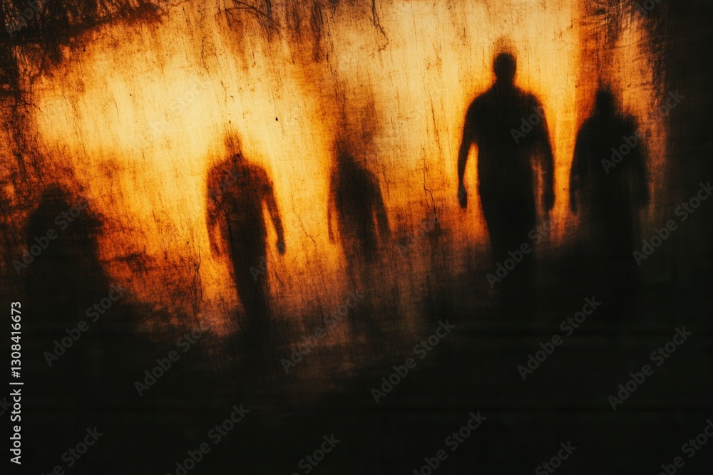 Poster mysterious silhouettes emerge from a blurred background of dark tones and shadows in an unsettling a