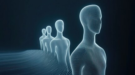 Wireframe humans queueing, dark background, digital art, future concept