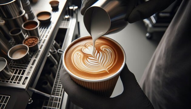 Latte Art in a Takeaway Cup Practical close up of latte art bein