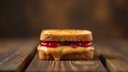 A delectable peanut butter and jelly sandwich, artfully arranged on a rustic wooden surface, showcasing its rich textures and vibrant colors