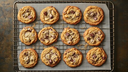 Freshly Baked Chocolate Chip Cookies Cooling on a Wire Rack