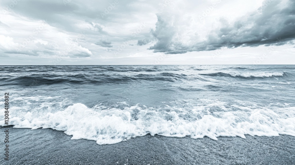 Poster Lonely seashore with gentle waves and overcast sky inviting reflection and tranquility in a serene landscape Generative AI