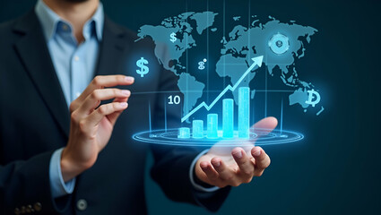 Exploring Global Financial Trends and Opportunities: Businessman Utilizing Holographic Interface to Present Growth Projections and Financial Symbols in Photo Stock Concept with Empty Space for Customi