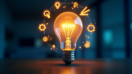 Creative Digital Workspace: Glowing Lightbulb Surrounded by Holographic Icons for Idea Generation and Brainstorming - Perfect Stock Photo Concept with Empty Space