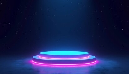 A futuristic 3D podium design, floating with the aid of anti-gravity technology, against a dark, star-filled space background. Neon blue and purple lights accentuate the podium's edges