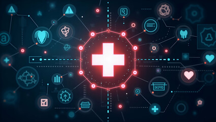 Innovative Healthcare Technology: Glowing Cross Symbol Surrounded by Digital Health Icons in Medical Tech