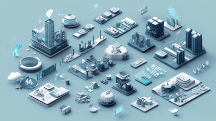 Isometric infographic elements showing business workflow with interconnected 3D icons, including office buildings, data charts, cryptocurrency symbols, and cloud computing icons, professional