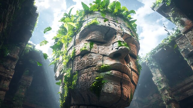 Ancient stone head with lush greenery overgrown ruins nature scene mysterious environment low-angle view timeless beauty