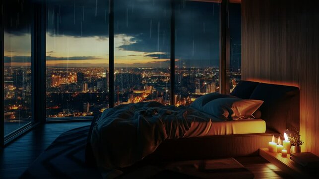 Romantic rainy night in a cozy bedroom overlooking the city skyline., seamless looping 4k time-lapse video animation background 
