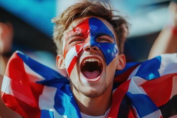 Eurovision fan passionately celebrating with face paint, scarf, and joyful shouts during vibrant event day. Generative AI