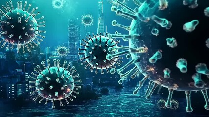 Abstract representation of viruses floating over a city skyline at night, showcasing urban life - Powered by Adobe