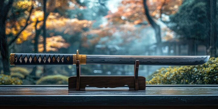 This cinematic photograph features a katana sword on a stand with a blurred garden background, suitable for websites and blogs about Japanese culture, martial arts, history, and weaponry.

 - Powered by Adobe