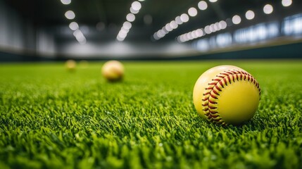 Brightly lit indoor batting cage equipped with softballs, showcasing athletic competition, precision, and practice