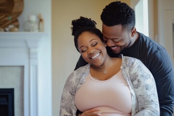 Obraz premium Joyful family moment shared between loving partners celebrating their growing family with smiles and warm embraces indoors. Generative AI