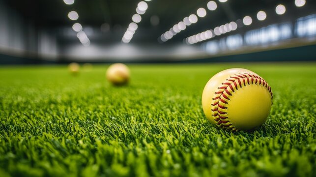 Brightly lit indoor batting cage equipped with softballs, showcasing athletic competition, precision, and practice