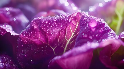 Ultra close up of vibrant lettuce heads beneath purple LED grow lights in vertical hydroponic system, water droplets glistening on leaf surfaces, nutrient mist creating ethereal atmosphere, clean