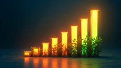 Luminous Flat Bar Graph Illustrating Energy Metrics & Eco-Friendly Icons for Sustainable Efficiency
