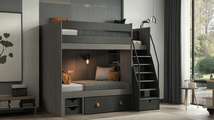 Stylish loft bunk bed in neutral gray tones, ideal for contemporary apartment and kids' bedroom designs