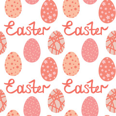 Seamless Easter Egg Pattern with Pink Decorative Elements and Handwritten Text