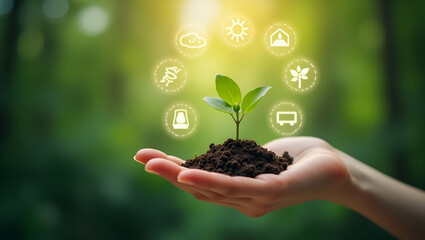 Nurturing Sustainability: A Cute Vector Illustration of a Small Plant in a Hand Surrounded by Glowing Eco-Friendly Icons Representing Green Initiative Goals