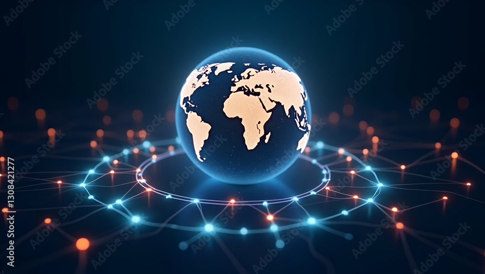 Poster visualizing global connectivity: a holographic globe surrounded by network symbols in a cute vector 