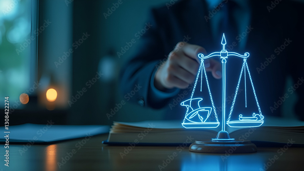 Aufkleber holographic scales of justice and regulatory icons hovering above a desk in a professional setting -