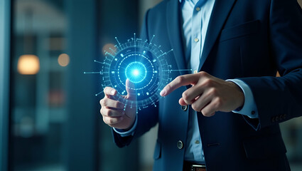 Validating Business Decisions: A Businessman Utilizing Futuristic Holographic Interfaces for Enhanced Check and Cross Validation in Photo Stock Concepts with Strategic Empty Space