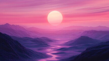 Fototapeta premium A vibrant landscape depicts a bright sun over a scenic valley