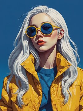 Neon Cool: White-Haired Icon in Retro-Futuristic Fashion