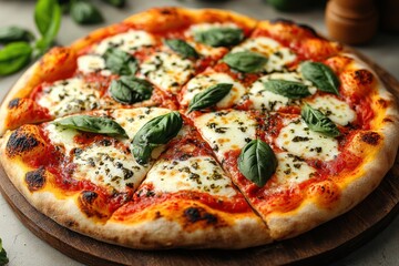 Delicious Margherita pizza topped with fresh mozzarella, basil, and a rich tomato sauce, placed on a wooden board, ideal for sharing.