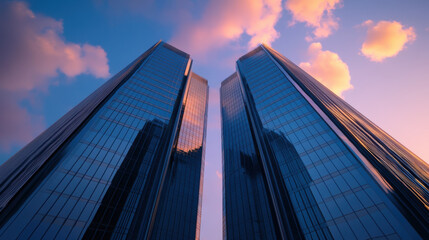 Fototapeta premium Two towering buildings silhouetted against a dramatic sky background in realistic photography representing urban life