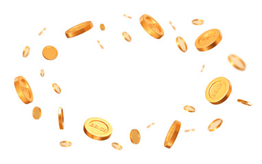 3d flying golden BRICS coins with different angles. Stock vector illustration on isolated background.