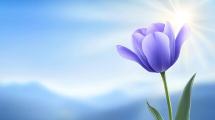As the sun rises, a single purple tulip in a mountain meadow signifies hope, renewal, beauty, calmness, and the advent of spring