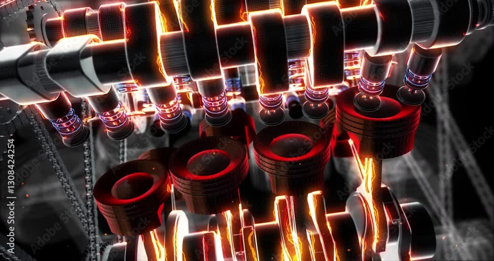Poster Hood Lifting to Show Spark Plug Action and Piston Motion in V8 Engine. Industry And Technology Related 3D Animation.