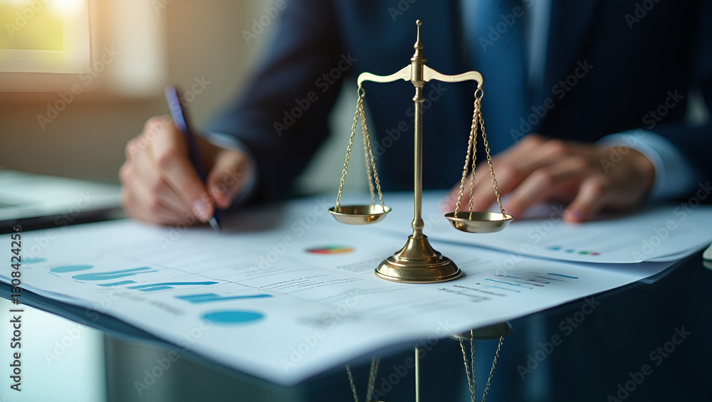 Aufkleber flat scales of justice floating above compliance related documents in holographic form concept as fl