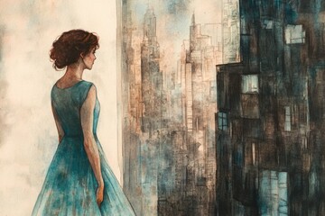 A woman in a teal dress gazes out a window at a sprawling cityscape, lost in thought.