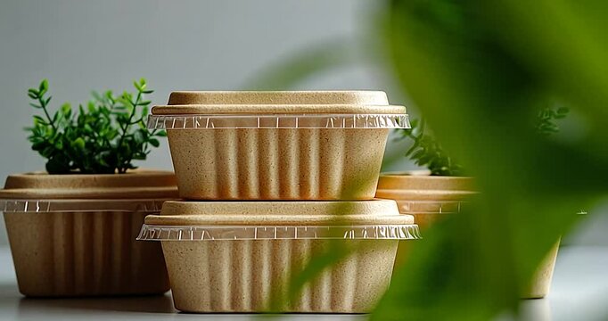 Sustainable food containers, plant backdrop, eco-friendly packaging