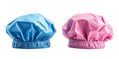 Two bouffant caps in light blue and pink.  Perfect for hygiene and style in any setting.