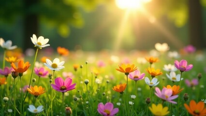 Vibrant wildflowers bathed in the golden sunlight of a tranquil meadow, a picturesque scene of nature's beauty and serenity.