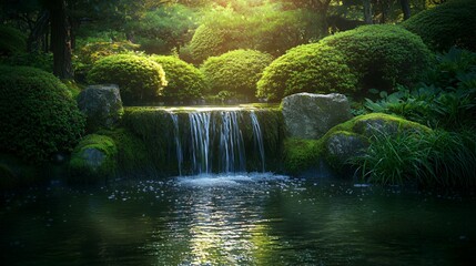 Serene Japanese Garden Waterfall at Sunset