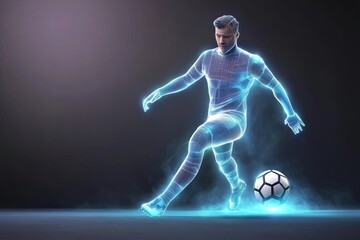 Obraz premium Soccer Player in Motion - A dynamic of a soccer player, in a wireframe with glowing blue energy, kicking a ball