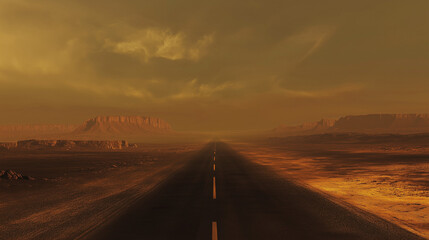 A lonely desert highway stretching into the horizon at dusk. Perfect for adventure, travel, and road trip themes. World Tourism Day concept.