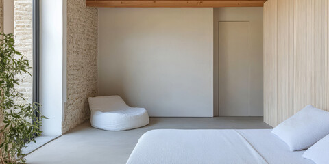 Modern minimalist bedroom with natural light and simple decor in serene setting