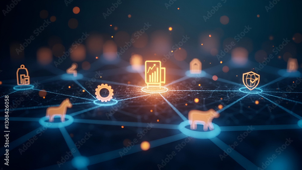 Poster visualizing b2b connections: a modern digital network of glowing business icons in a flat vector ill