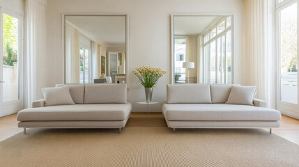 Modern living room with minimalist design and natural light in a stylish home