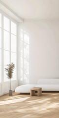 Fototapeta premium Modern minimalist living room with large windows and natural light in a serene setting