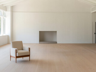 Minimalist interior with simple chair and empty room featuring natural light